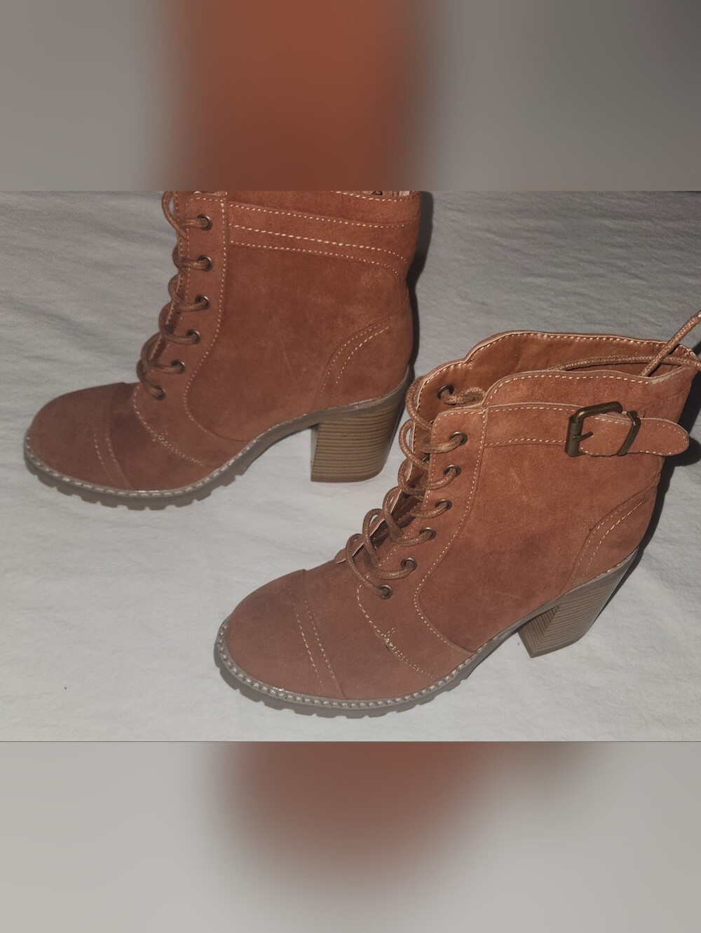 Shoe Dazzle Brown Lace-Up With Side Strap Faux Suede Ankle Boots Size 6.5